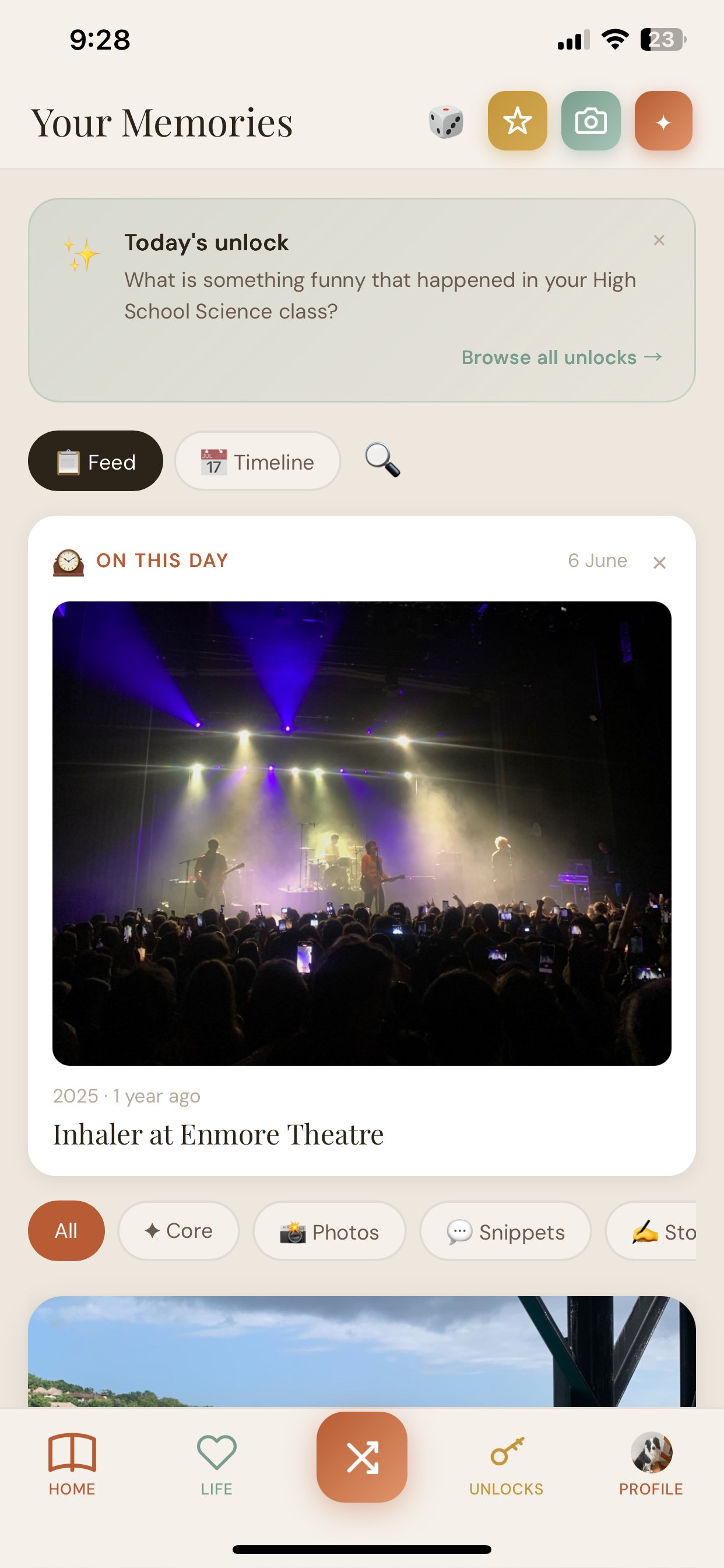 Memori app showing a memory feed